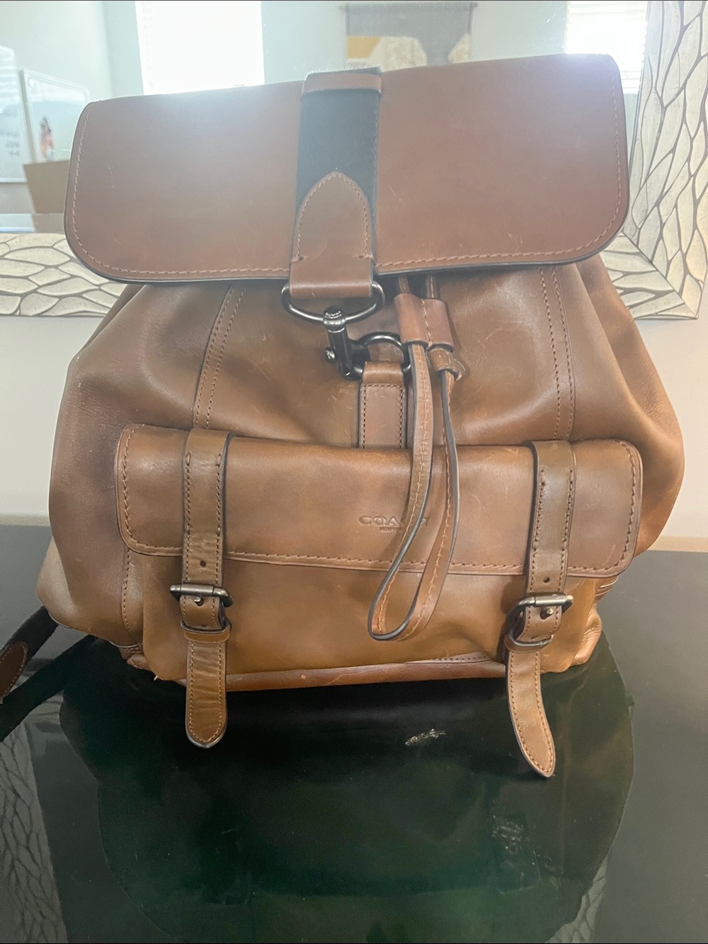 COACH Brown Leather Drawstring Backpack with Buckle Front Pocket